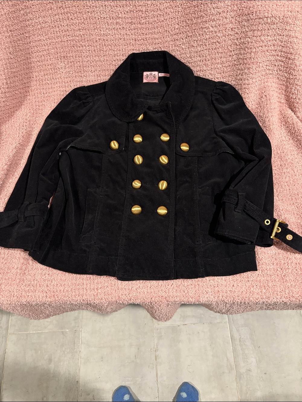 Women’s Juicy Couture Black Double-Breasted Peacoat with Gold Buttons, waist len
